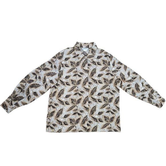 1980s Vintage Leaf Print Blouse Gold Crest Buttons Poplin Blouse Size 16 - Picture 7 of 9